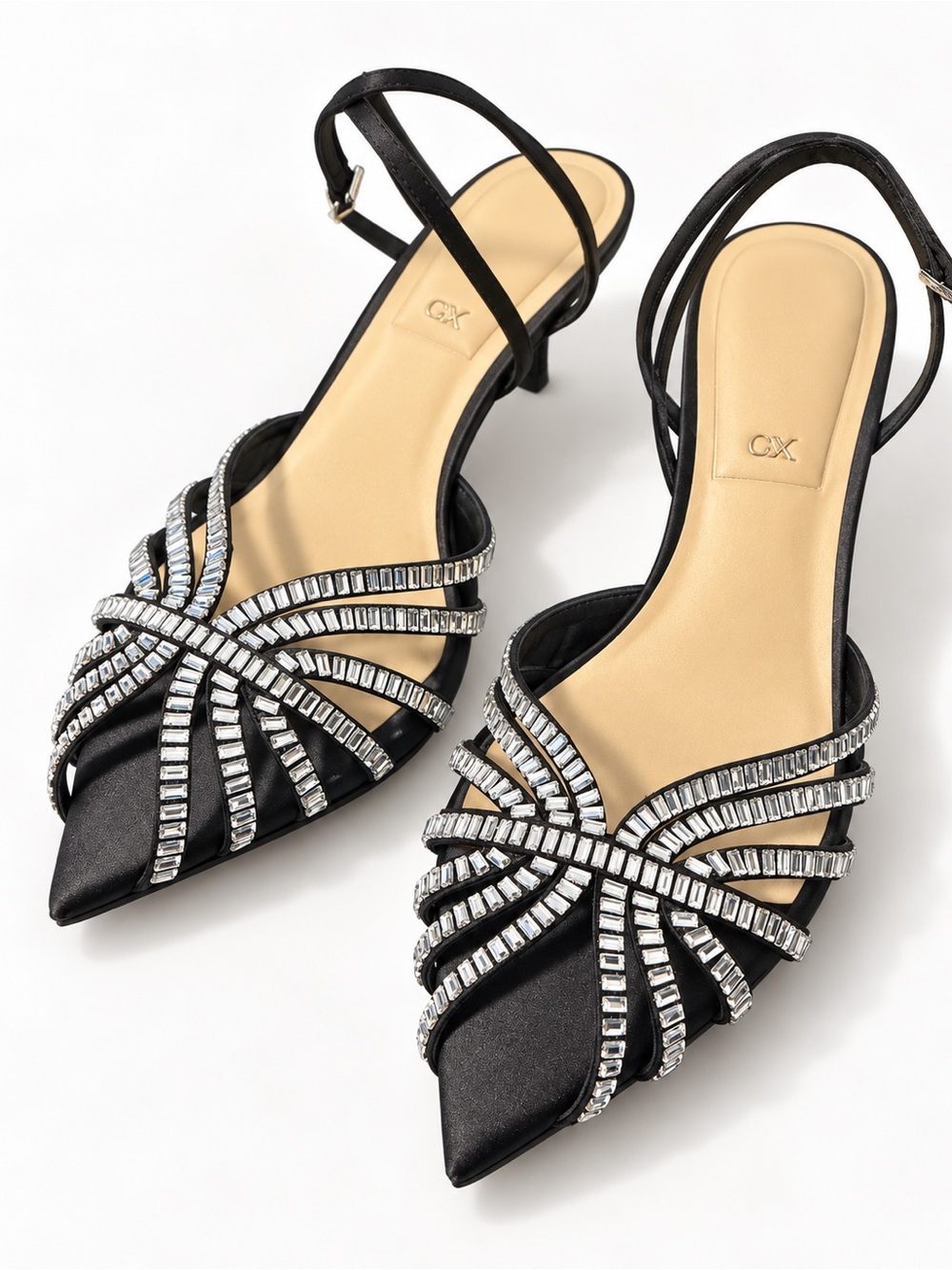 Charles & Keith Black Crystal-Strap Pointed Slingback Heels
